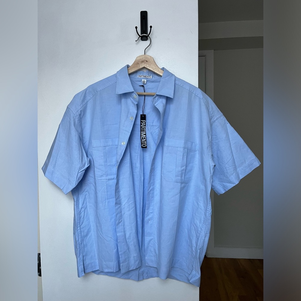 Partimento Men’s Blue Button Down Short sleeve Shirt size M oversized baggy
